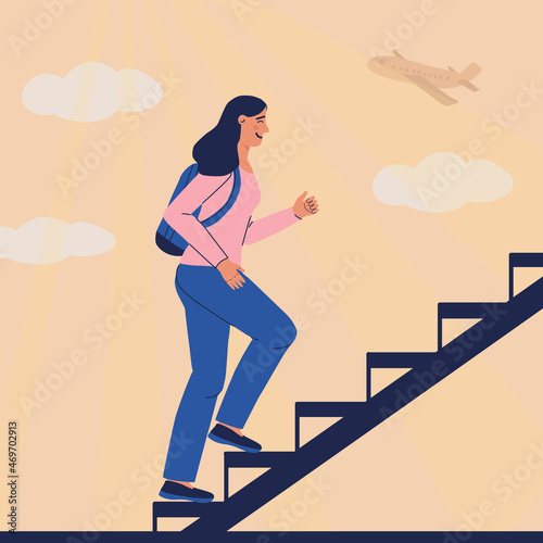 Girl in blue jeans and backpack climbs up the ladder. Background with clouds and airplane. Woman goes on a journey. Smile, hope for a happy future, metaphor illustration. Vector cartoon character