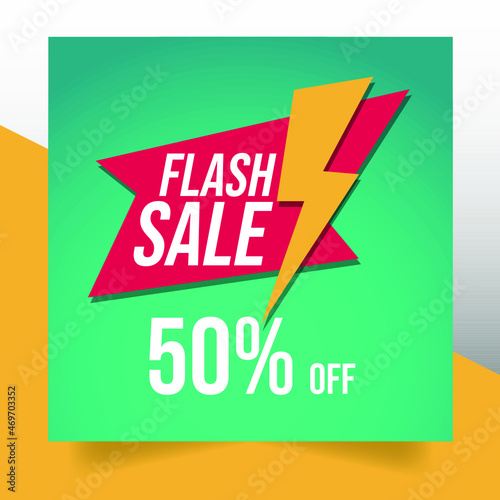 Flash sale banner discount up to 50% off for social media posts. Enjoy special offer flash sale tag for seasonal shopping discount promo advertisement.