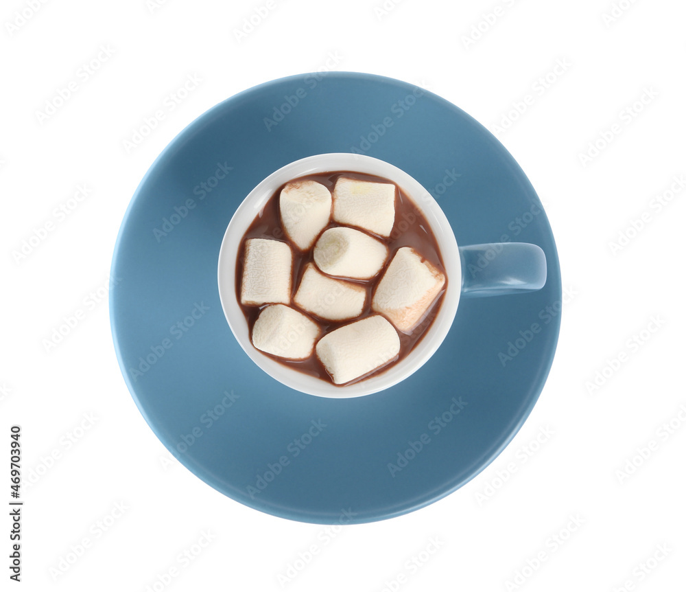 Cup of delicious hot chocolate with marshmallows isolated on white, top view Cup of delicious hot chocolate with marshmallows isolated on white, top view