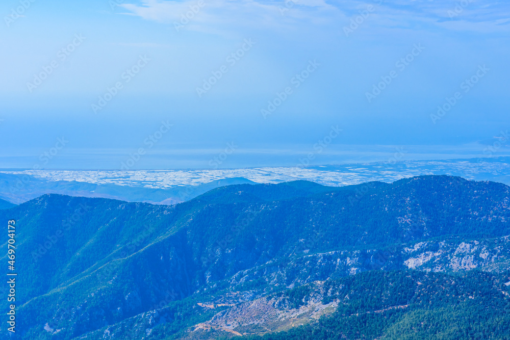View on Mediterranean sea and village from the summit of Tahtali mountain