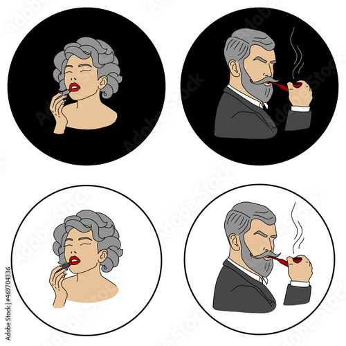 Retro lady and gentleman icon set. A bearded man with a pipe and a woman with lipstick. WC, toilet, restroom vintage signs template. Elegant classic style couple. Vector illustration.