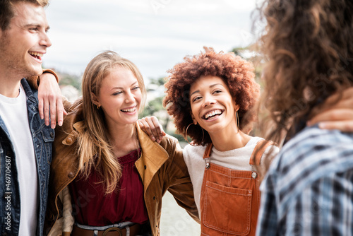Konstfotografi Group of multiracial best friends laughing together outdoor - Mixed race students having fun at college campus -  Friendship, tourism, community, youth and university concept
