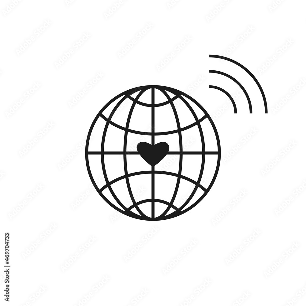 Globe icon, heart vibes. Black grey color palette. White background. Vector Globe icon, heart vibes. Black grey color palette. White background. Vector
