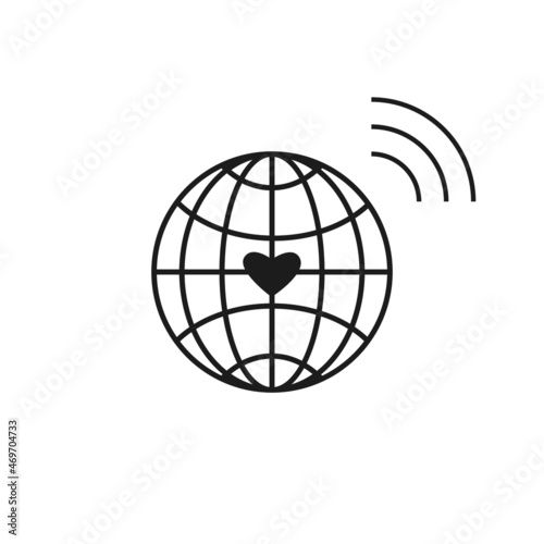 Globe icon, heart vibes. Black grey color palette. White background. Vector
