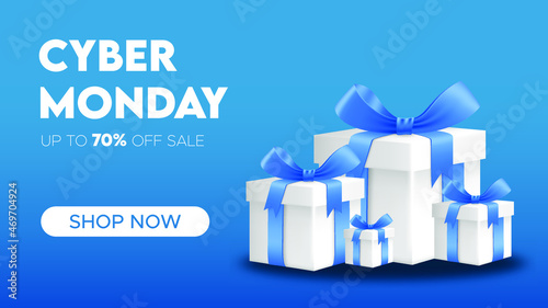 Cyber Monday Sale with Realistic Gift Box, sale background horizontal banner for header or website, vector design.