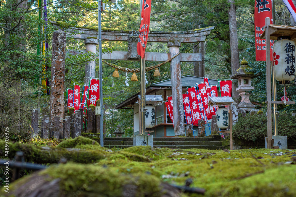 red and white flags on a shrine red and white flags on a shrine