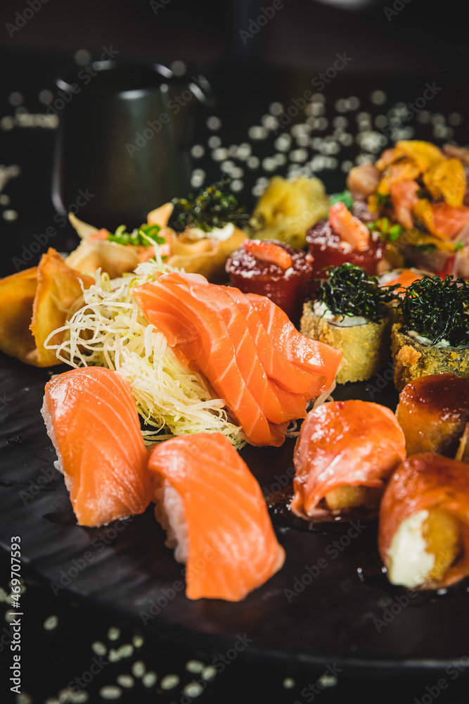 Perfect Sushi Japanese Asian Seafood Food Dish Drink Cocktail Dessert Menu Gourmet Restaurant Chef on Dark Background Perfect Sushi Japanese Asian Seafood Food Dish Drink Cocktail Dessert Menu Gourmet Restaurant Chef on Dark Background