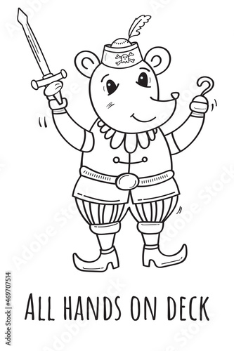 Mouse Pirate Holds Backsword. All hands on deck. Vector Cartoon Coloring Bundle illustration