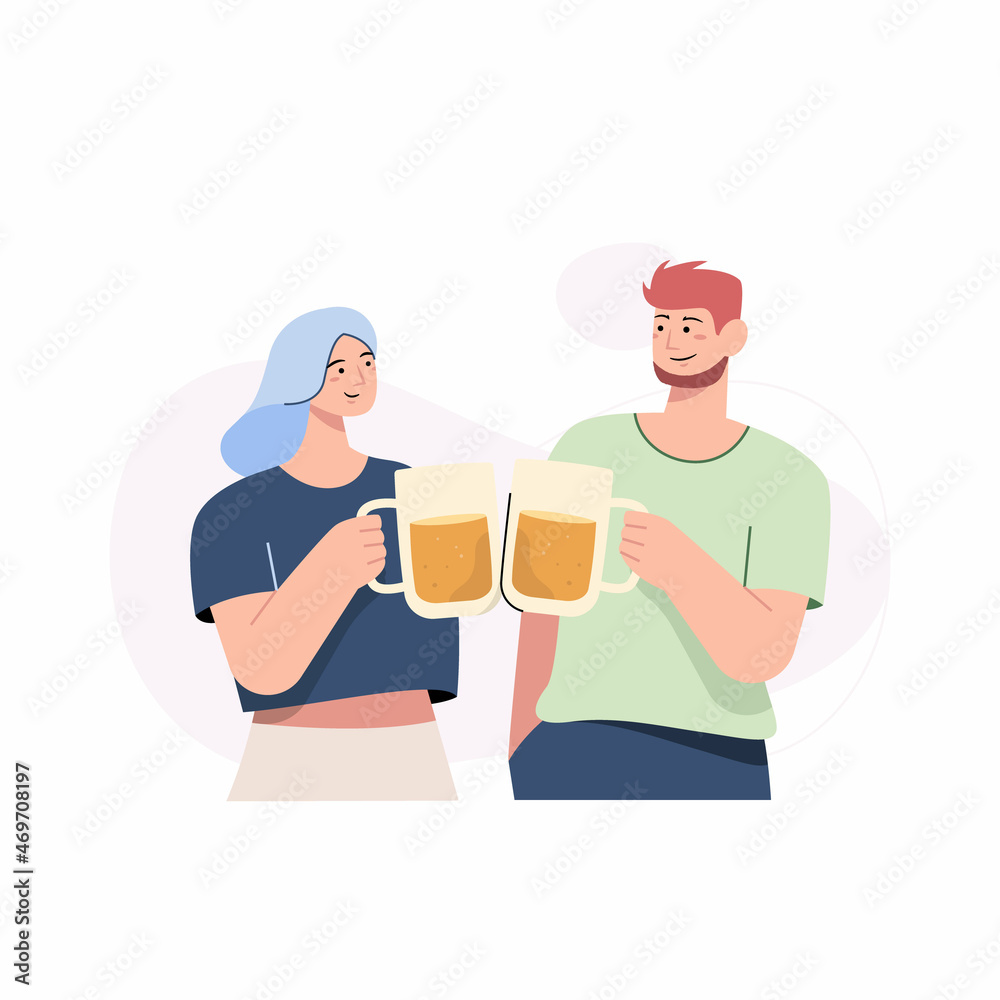 Two friends meeting and drinking beer together in flat design Two friends meeting and drinking beer together in flat design