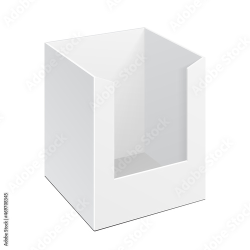 POS POI Cardboard Blank Empty Display Show Box Holder For Advertising Fliers, Leaflets, Products. Illustration Isolated On White Background. Mock Up Template Ready For Your Design. Vector EPS10