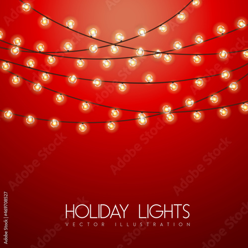 Vector garlang of gold or yellow lamps on red background. Holiday string of lights vector illustration