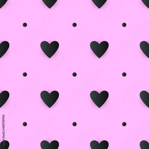 Repeating black hearts and polka dots on pink background vector seamless pattern. Romantic ornament for girl dress fabric print. Endless girlish pattern with hearts and dots. Cute Valentine ornament