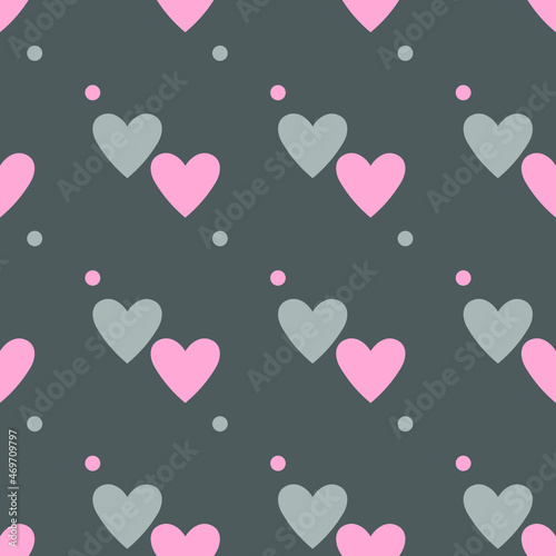 Pink gray heart couples and dots vector seamless pattern. Romantic ornament for girl dress fabric print. Endless girlish pattern with hearts and polka dots. Minimal Valentines background design.