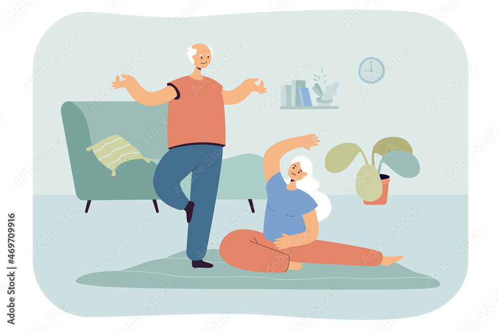 Male and female elders practicing yoga at home. Cartoon grey-haired couple enjoying sport and doing exercises on carpet together flat vector illustration. Fitness, healthy lifestyle in old age concept