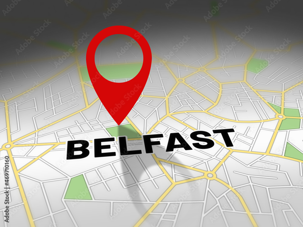 Belfast on map with red GPS navigation pin. United Kingdom location with generic map background. Belfast on map with red GPS navigation pin. United Kingdom location with generic map background.