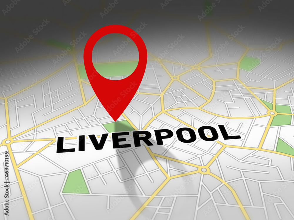 Fototapeta premium Liverpool on map with red GPS navigation pin. United Kingdom location with generic map background.