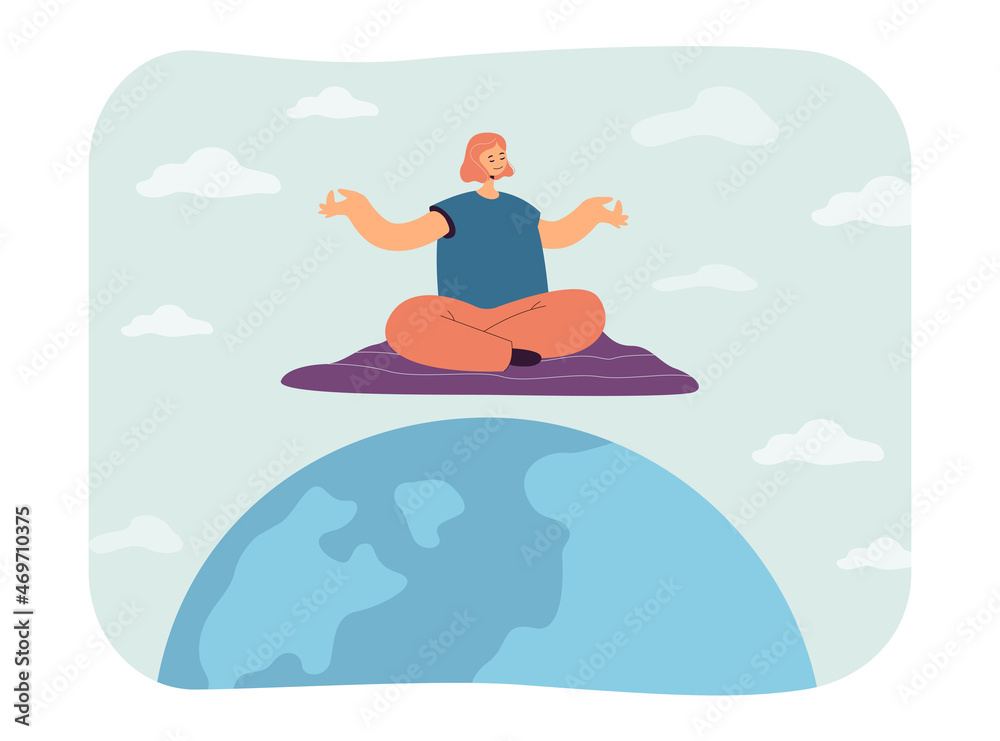 Young woman levitating in lotus pose above Earth planet. Girl practicing yoga and meditating flat vector illustration. Meditation and relaxation concept for banner, website design, landing web page