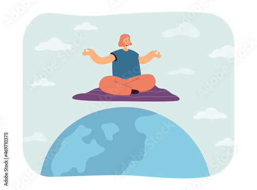 Young woman levitating in lotus pose above Earth planet. Girl practicing yoga and meditating flat vector illustration. Meditation and relaxation concept for banner  website design  landing web page