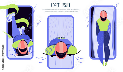 Winter sport set of web posts with speeding luge men on ice track sled. Vector illustration in flat design style art