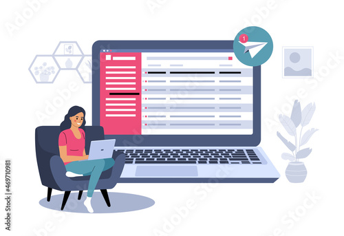 Woman in home chair reading email on her laptop. Vector illustration.