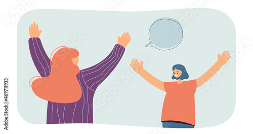Woman with open arms happy to see her friend. Two female characters welcoming each other flat vector illustration. Friendship, long-awaited meeting concept for banner, website design, landing web page