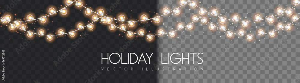 Vector garlang of gold or yellow lamps on transparent background. Holiday string of lights vector illustration - obrazy, fototapety, plakaty 