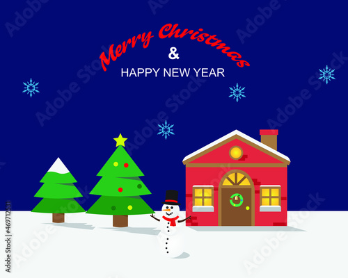 Wallpaper Mural Christmas illustration with Merry Christmas and happy new year word. Also christmas house, snowman and snowflake Torontodigital.ca
