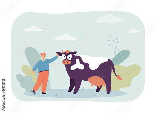 Girl standing near cow and patting it. Female child caring about domestic animal flat vector illustration. Barnyard, spending holiday in village concept for banner, website design or landing web page