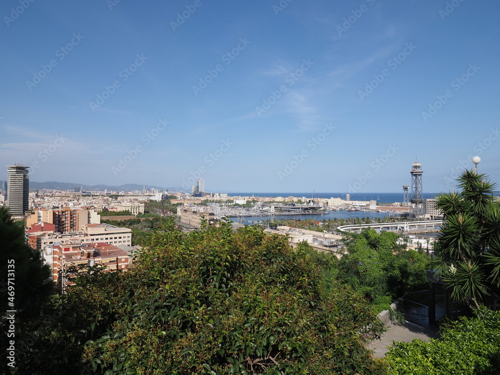 Panorama of port at european city of Barcelona in Spain