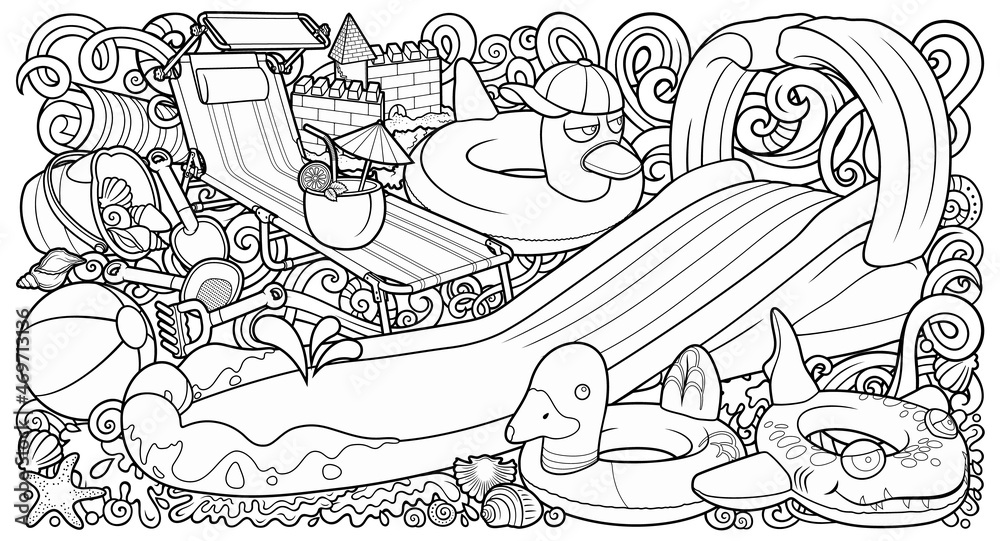 Fototapeta premium Cartoon cute doodles hand drawn summer beach children's entertainment illustration.
