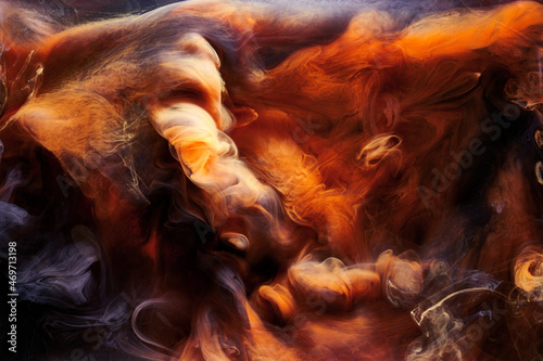 Orange smoke on black ink background, colorful fog, abstract swirling ocean sea, acrylic paint pigment underwater