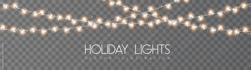 Vector garlang of gold or yellow lamps on transparent background. Holiday string of lights vector illustration - obrazy, fototapety, plakaty 