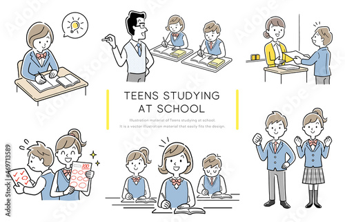 ベクターイラスト素材：中高生の学校生活、セット
