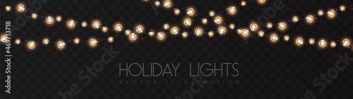 Vector garlang of gold or yellow lamps on transparent background. Holiday string of lights vector illustration