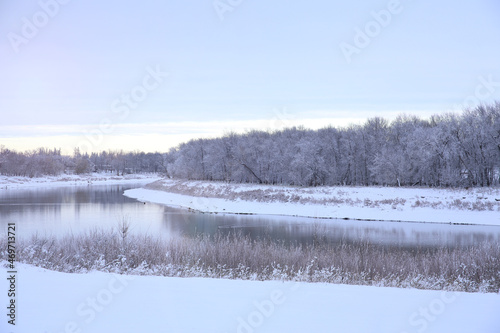 Beautiful Red River View. Frost Snow Day. Peaceful Concept.