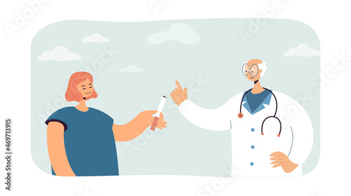Young woman holding cigarette speaking with doctor. Female character having consultation about bad habits flat vector illustration. Health care concept for banner, website design or landing web page