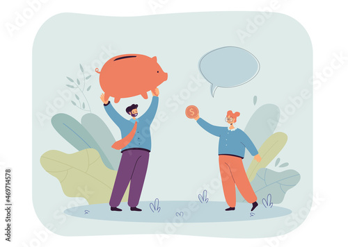Girl stretching dollar coin to father holding piggy bank. Man teaching kid basics of money and savings flat vector illustration. Financial literacy concept for banner, website design, landing web page