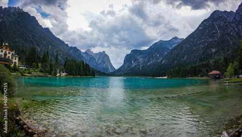 Dolomites  Italy  August 2017  alpine lake Braies with turquoise water in the background of mountains