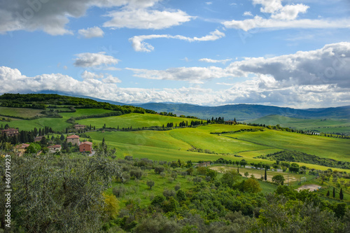 Tuscany  italy  may 2018  a view from a height of a green valley with roads lined with cypress trees and farm houses