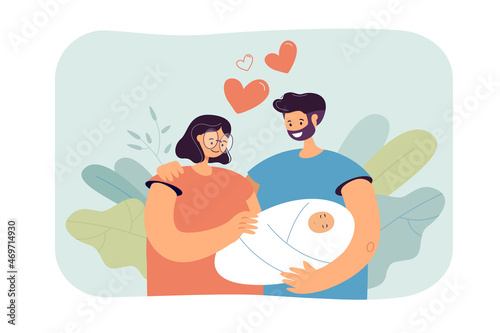 Man and woman hugging each other and holding newborn child. Couple looking at baby in hands with loving eyes flat vector illustration. Family, love concept for banner, website design, landing web page