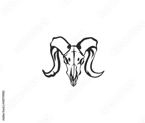 Hand drawn vector abstract stock flat graphic illustration with logo element of magic goat head skull line art in simple style for branding,isolated on white background.