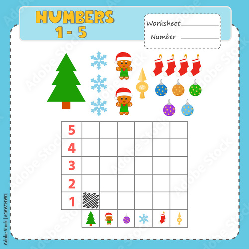 Game for children with pictures on Christmas theme. How many? Learning to count from 1 to 5. Vector kids activity sheet. Children funny riddle entertainment.