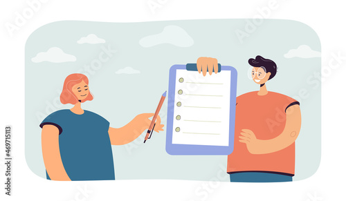 Tiny person with questionnaire offering to fill in it to woman. Man holding clipboard with checklist flat vector illustration. Completing form concept for banner, website design, landing web page