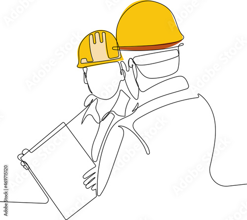 Continuous one line drawing of Industry maintenance engineer wearing uniform and safety helmet under inspection by tablet. Minimal outline concept. Vector illustration