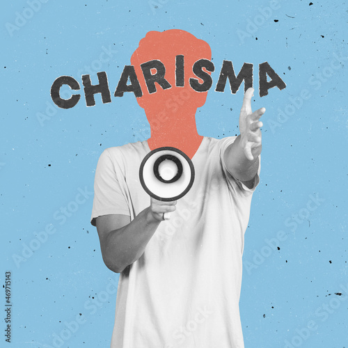 Contemporary artwork. Conceptual portrait of faceless man with word charisma instead face. Human emotions, psychology, mental health concept. photo