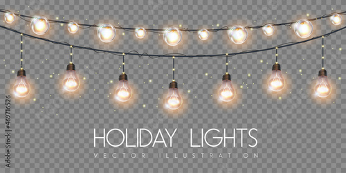 Vector garlang of gold or yellow lamps on transparent background. Holiday string of lights vector illustration