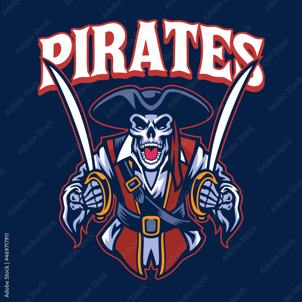 Pirate Skull Mascot Logo Holding Two Sword