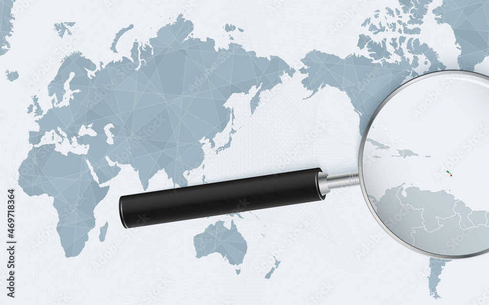 Asia centered world map with magnified glass on Saint Kitts and Nevis. Focus on map of Saint Kitts and Nevis on Pacific-centric World Map. Asia centered world map with magnified glass on Saint Kitts and Nevis. Focus on map of Saint Kitts and Nevis on Pacific-centric World Map.