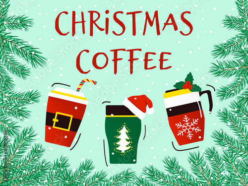 Three cups of coffee on background of pine branches. Christmas banner. Vector illustration isolated.