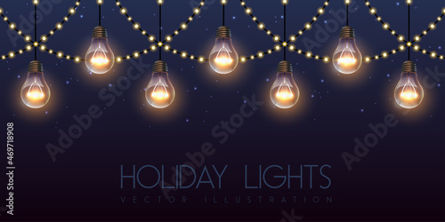 Vector garlang of gold or yellow lamps on night sky background. Holiday string of lights vector illustration